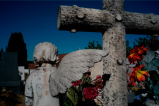 Un ange en beton avec une aile cassée dans un cimetière